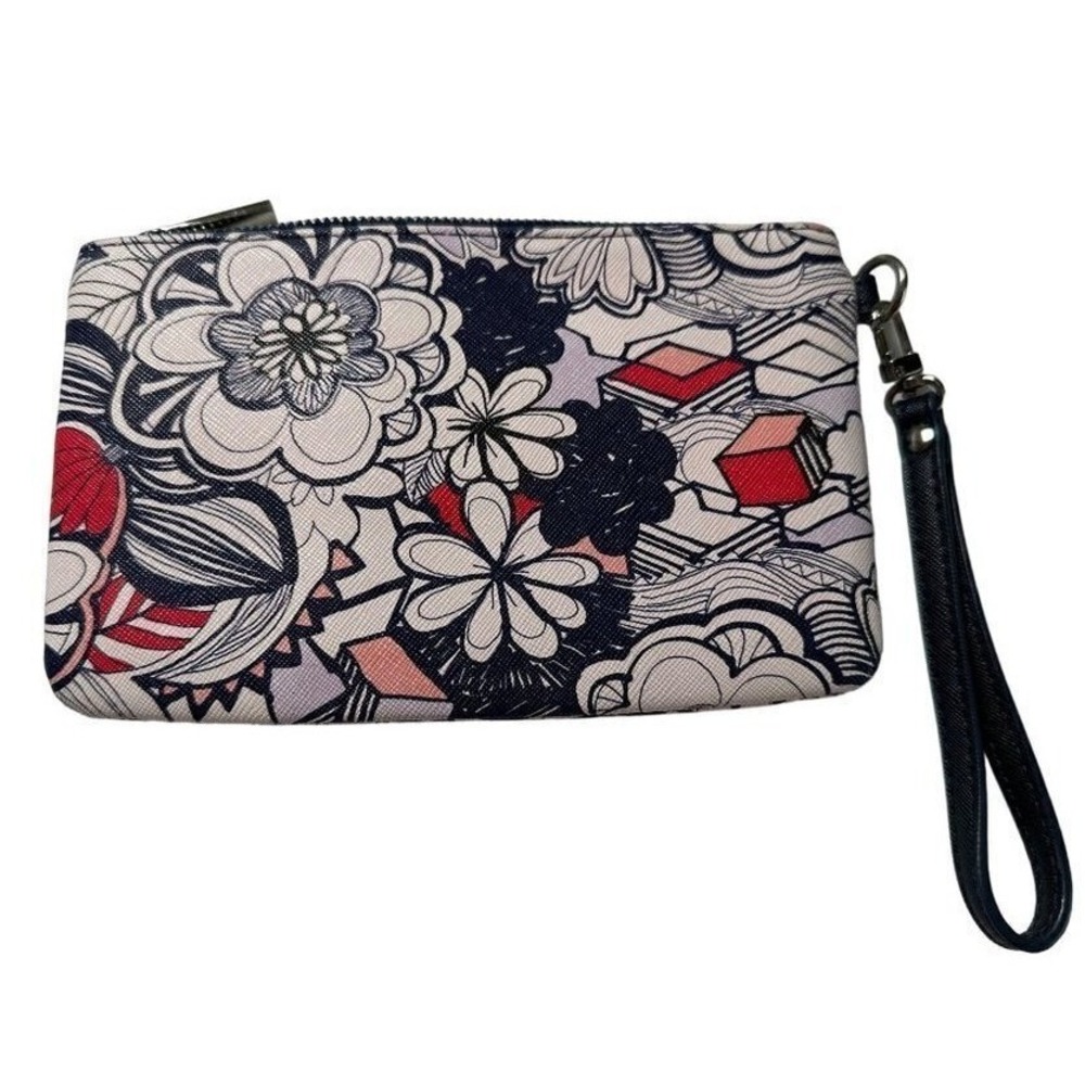 Express Floral Wristlet Clutch Bag Navy Red Pink Geometric Print Zip‎ Top